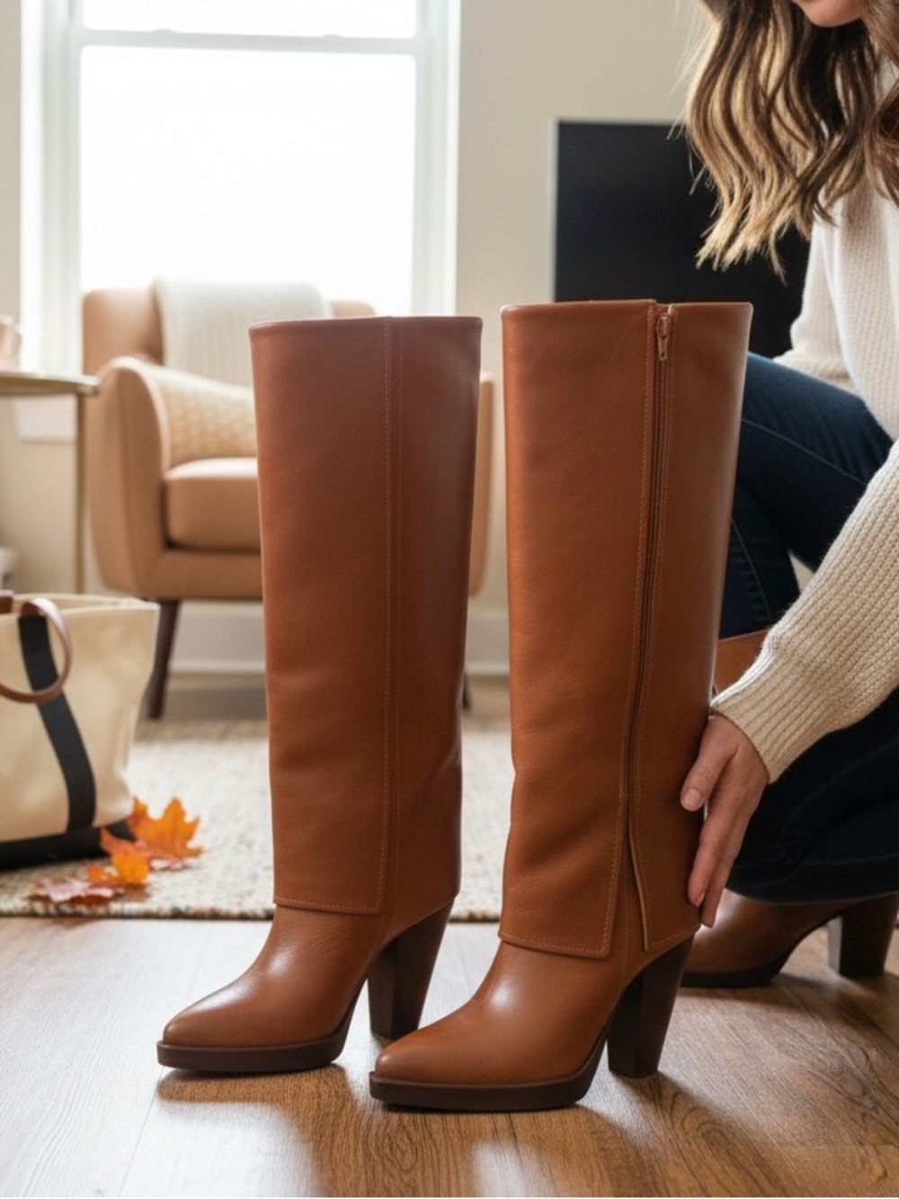 Vince Camuto Tall Leather Heeled Boots in Cognac Brown